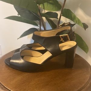 Talbots Black Leather Strap Ankle Heels Pumps Sandals Open Toe New 6.5